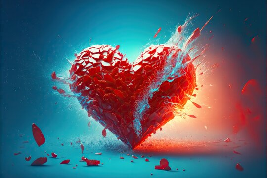 Exploding heart made of ice red background, created with Generative AI technology