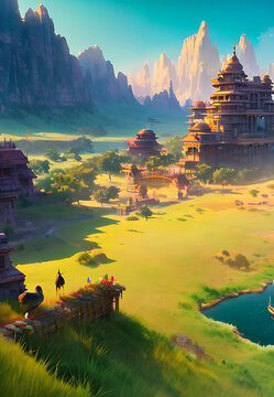 Paisaje cartoon de fantas&iacute;a de vivos colores con naturaleza exuberante y ruinas prohibidas - AI Generated Art