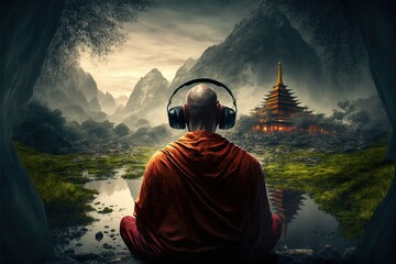 Rear view of buddhist monk in lotus position listenin, created with Generative AI technology - obrazy, fototapety, plakaty