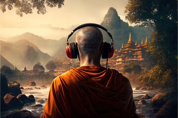 Rear view of buddhist monk listening to music with headphones, concept of modern calmness and tranquility, created with Generative AI technology - obrazy, fototapety, plakaty