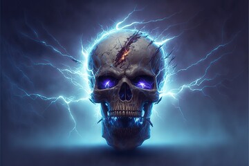 Skull striked by lightning, concept of migraine, headache, created with Generative AI technology