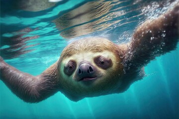 Sloth swims crawl at competitions in the pool, concept of slow swimmer, created with Generative AI technology