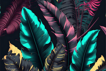 texture Tropical luxury exotic seamless pattern. Pastel colorful banana leaves, palm. Hand-drawn vintage 3D illustration. Dark glamorous background design. Good for wallpapers, tapestry,cloth, fabric 
