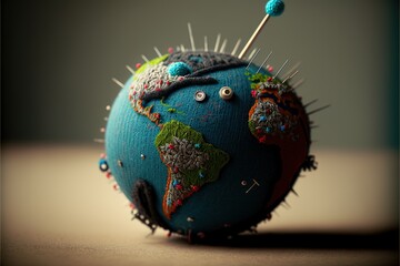 Toy earth pierced with voodoo needles, concept of mankind torturing the planet,  created with Generative AI technology
