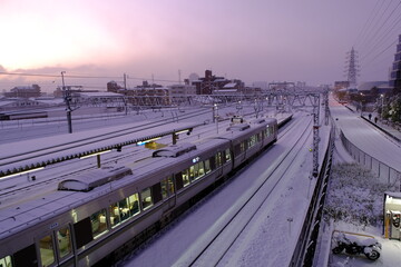Fototapeta na wymiar 2023年1月25日　京都府京都市　大雪　JR桂川駅で夜通し停車した電車　