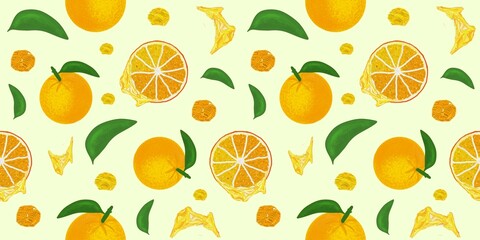 Oranges, fruits, slices, leaves, juice, drops, colored fruit pattern, on a light background, print for printing on paper, fabric