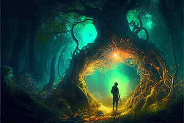 Ai generated. Magic nature glowing in the dark. Mysterious enchanted forest concept at night. Silhouette of a person walking through the hole of a beautiful tree with many years of age.