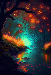 Fototapeta na wymiar Ai generated. Magic nature glowing in the dark. Mysterious enchanted forest concept at night. The branches of the trees are burning without bright fireflies over the river.