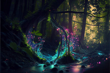 Ai generated. Magic nature glowing in the dark. Mysterious enchanted forest concept at night. Purple particles and glowing fireflies flying over the fantasy river.