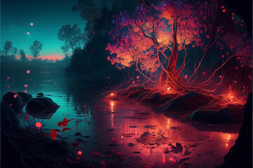 Fototapeta na wymiar Ai generated. Magic nature glowing in the dark. Mysterious enchanted forest concept at night. Neon lights gradient from red to blue. A large tree in a river delta at sunset filled with beautiful brigh