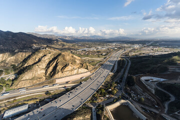 Aerial view of the Interstate 5 freeway and the San Fernando Valley in the city of Los Angeles,...