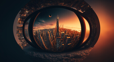 View on the futuristic evening city though virtual reality headset. Urban sunset scape in VR glasses. VR globe concept. IoT. AI generated image