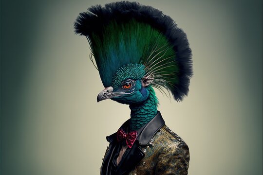 Created with Generative AI technology. Profile shot of an animal punk rocker. Bird peacock as a music rock fan