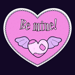 Alternative Valentine card. Creepy clipart. Spooky love. Kawaii pastel goth style. Be mine. Ragged heart with seam.