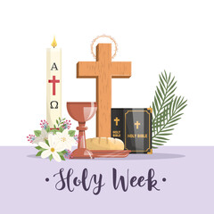 Holy Week. Bread and chalice, cross, palm branches and easter candle