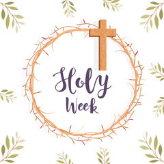 Holy Week. Crown of thorns, the cross and palm branches on a white background