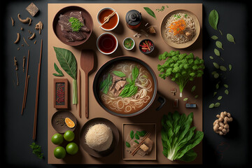 Vietnamese food on the table Knolling art. Generative AI