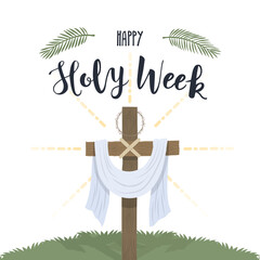 Holy Week. The glorious cross with white cloth and crown of thorns