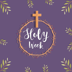 Holy Week. Crown of thorns, the cross and palm branches