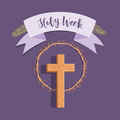 Holy Week. The cross, crown of thorns and palm branches