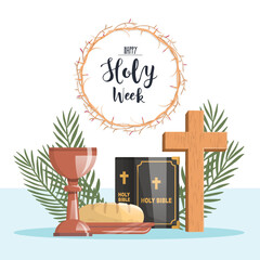 Holy Week. Bread and chalice, the cross, palm branches, crown of thorns and bible