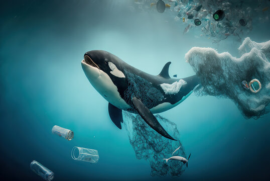 Killer whale's Battle for Survival in a Polluted Ocean. AI generated picture.