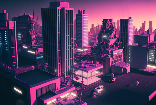 Pink and purple evening city though virtual reality headset. Urban sunset scape in metaverse. Cartoon style. AI generated image