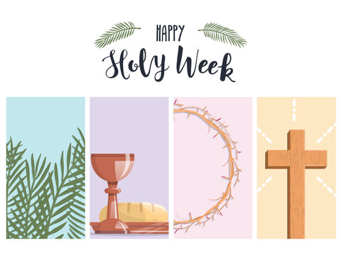 Holy Week banner with palm branches, the last supper, crown of thorns and the cross