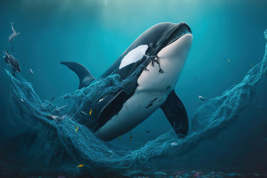 Tragic Consequences of Plastic Pollution - A Wounded Killer whale's Story. AI generated picture.
