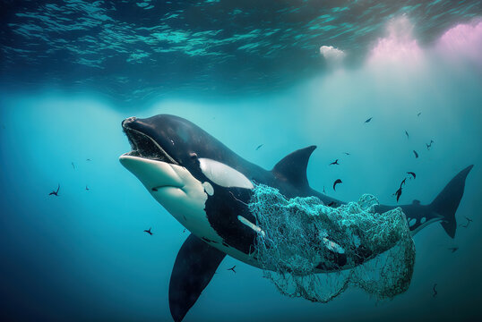 Trapped and Injured - A Killer whale's Encounter with Human Garbage. AI generated picture.