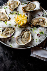Oysters. Oysters on the half shell. Fresh oysters served with garlic, shallots, cocktail sauce, mignonette sauce and fresh lemons and limes. Classic American steakhouse or French bistro appetizer.