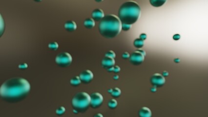 Randomly arranged many metallic green balls that are collapsing under white-brown lighting background. Conceptual 3D CG of blockchain, financial system and personal data analysis.