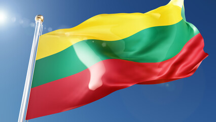 Fototapeta na wymiar lithuania flag waving in the wind against a blue sky. lithuanian national symbol on flagpole, 3d rendering