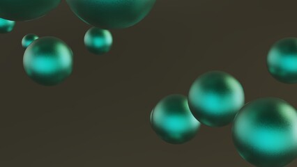 Randomly arranged many metallic green balls that are collapsing under white-brown lighting background. Conceptual 3D CG of blockchain, financial system and personal data analysis.
