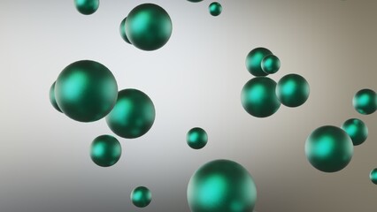 Randomly arranged many metallic green balls that are collapsing under white-brown lighting background. Conceptual 3D CG of blockchain, financial system and personal data analysis.