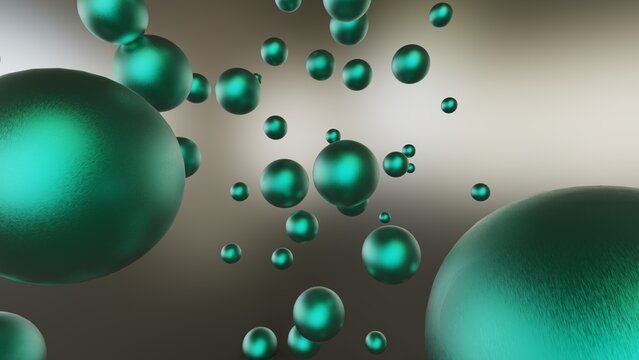 Randomly arranged many metallic green balls that are collapsing under white-brown lighting background. Conceptual 3D CG of blockchain, financial system and personal data analysis.