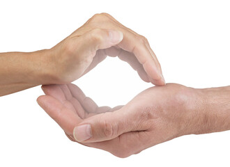 Female healer hand cupped over male cupped hand creating an orb of white healing light transparent png file
