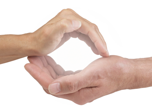 Female healer hand cupped over male cupped hand creating an orb of white healing light transparent png file
