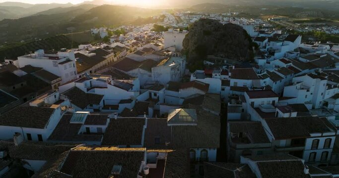 Flying Over White Houses In The Village Of Olvera In Cadiz, Andalusia, Spain - drone shot