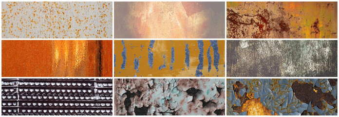 Set of old rusty metal textures. Collection of panoramic backgrounds for design. Rough dirty metal surface with rust.