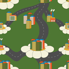 Vector seamless pattern with roads and buildings, retro print with city, vintage