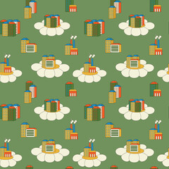 Vector seamless pattern with roads and buildings, retro print with city, vintage