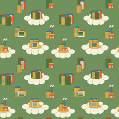 Vector seamless pattern with roads and buildings, retro print with city, vintage
