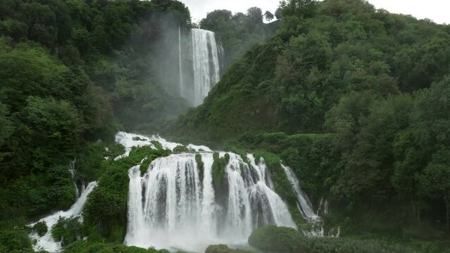 Marmore Falls (Cascata delle Marmore) In Umbria Region, Italy - aerial drone shot
