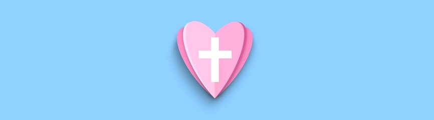 Obraz premium cross with heart illustration, borderline with blue background, cross in the sky, love, banner 