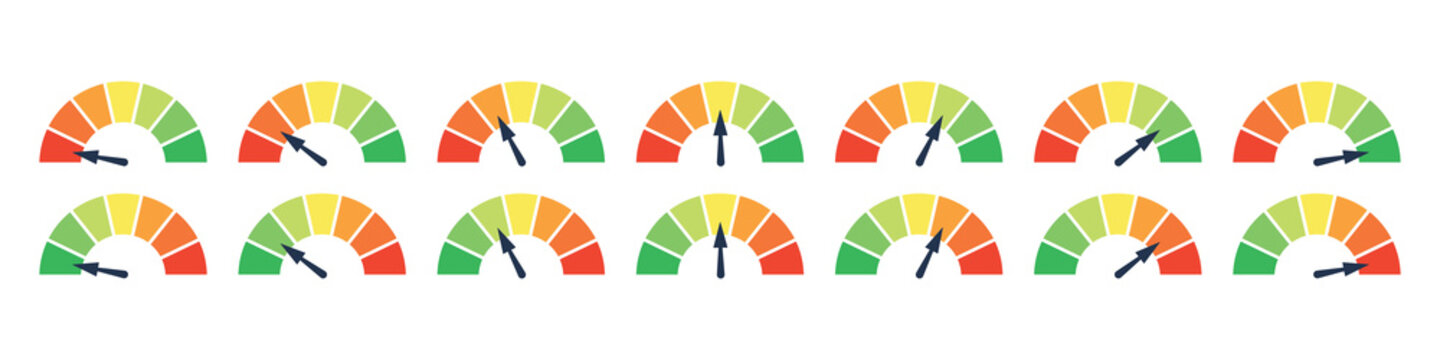 Set of different colorful speedometers, meter gauge element, ratings of varying degrees of satisfaction. Level indicator collection. Vector isolated illustration