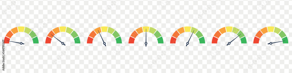 Wall mural set of speedometer, speed dial indicator. green and red, low and high barometers,bad and good level 