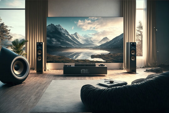 Big TV wall screen in modern living room, television set in luxury interior, generative AI.
