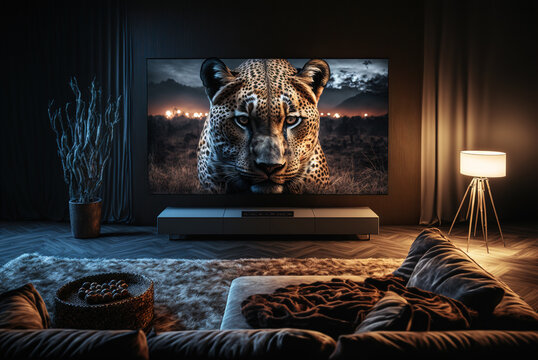 Big TV wall screen in modern living room, television set in luxury interior, generative A