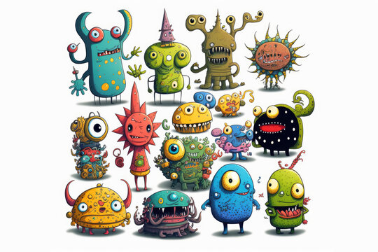 set of colorful cartoon creatures and monsters illustration sprite flash sheet style, 